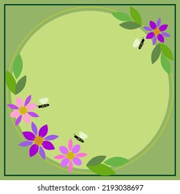 Frame With Bees, Leaves And Flowers Around And Important Announcement Inside. Framework With Different Plants All Over And Crutial Information In. Floral Circle With New Ideas