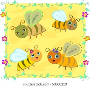 Frame of Bees with Vines and Flowers Vector
