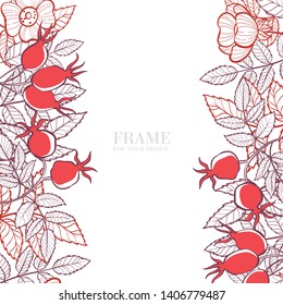 Frame of berries and leaves of wild rose. Stylized card for your design. Hand-drawn illustration. Vector.