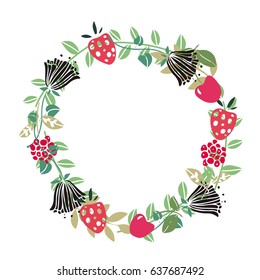 Frame with berries, strawberry, cherry, flowers, leaves isolated on white background