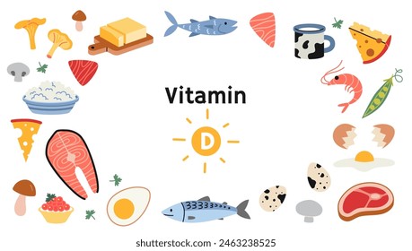 Frame with Best sources of vitamin D foods, cartoon style. Sea food, fish, meat, dairy products, eggs and vegetables set. Isolated vector illustration, hand drawn, flat design