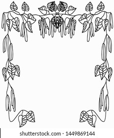 Frame with birch twigs and earrings, square unclosed shape. Contour, black line.