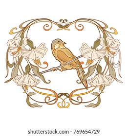 Frame and bird in art nouveau style  In traditional color.
Vector illustration.