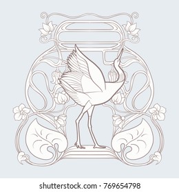 Frame and bird in art nouveau style. In vintage blue color.
Vector illustration.