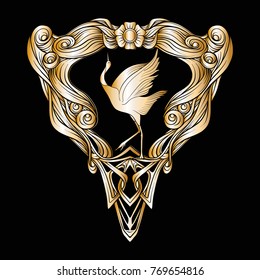 Frame and bird in art nouveau style. In black snd gold colors.
Vector illustration.