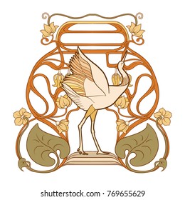 Frame and bird in art nouveau style  In traditional color.
Vector illustration.