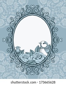 frame with bird and flower on background of lace and heart (clip