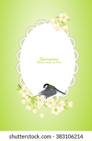 Frame with birds on flowering branches