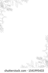 Frame with black hand drawn christmas new year winter doodle icons fir branches mistletoe holly jolly isolated. Vector illustration in outline style