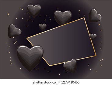 frame with black hearts and glitter on dark background