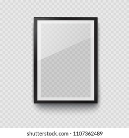 Frame with black mat surface mockup template isolated on transparent wall background. 3d realistic blank  museum picture or photograph frame. Vector glass photoframe for interior artwork design.