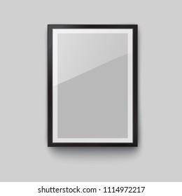 Frame with black mat surface mockup template isolated on gray wall background. 3d realistic blank  museum picture or photograph frame. Vector glass photoframe for interior artwork design.