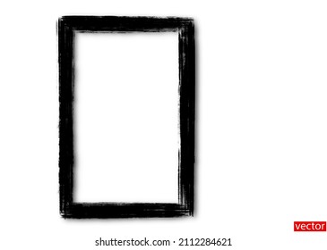 Frame. Black frame on white background. Frame in strokes of black paint. Area for text, presentation. Paint brush stroke. Texture of paint. Rectangular vertical frame isolated. Vector