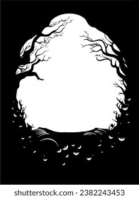 Frame black and white image of a full moon, scary magical background, mysterious and scary forest, dead forest background, vector, flat pattern, for banner, poster