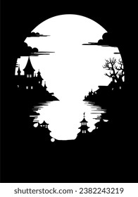 Frame black and white silhouette of a castle with a full moon in the background, gothic art, shadowy castle background, castle background, dark castle background, vector, flat pattern, for banner