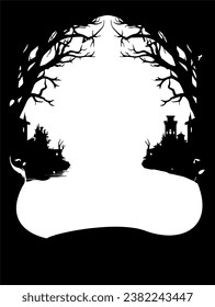 Rahmen schwarz-weißer Silhouette eines Schlosses mit Vollmond im Hintergrund, gotische Kunst, schattige Burg-Hintergrund, Schlosshintergrund, dunkler Burg-Hintergrund, Vektorgrafik, flaches Muster für Banner,