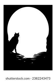 Frame Black and white silhouette of a cat sitting in front of a full moon, cat silhouette, cat silhouette detail, vector, flat pattern, for banner, poster