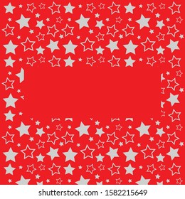 Frame with blank space for text. Border of silver stars. red background. Vector for Christmas and New Year greeting card, banner, invitation, packaging design, illustration pattern