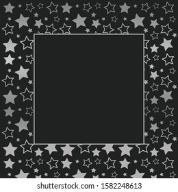 Frame with blank space for text. Border of silver stars. black background. Vector for Christmas and New Year greeting card, banner, invitation, packaging design, illustration pattern