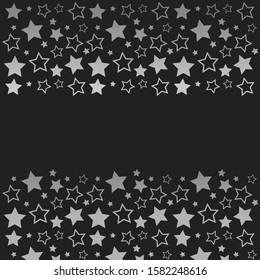 Frame with blank space for text. Border of silver stars. black background. Vector for Christmas and New Year greeting card, banner, invitation, packaging design, illustration pattern