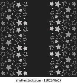 Frame with blank space for text. Border of silver stars. black background. Vector for Christmas and New Year greeting card, banner, invitation, packaging design, illustration pattern