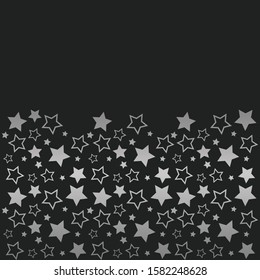 Frame with blank space for text. Border of silver stars. black background. Vector for Christmas and New Year greeting card, banner, invitation, packaging design, illustration pattern