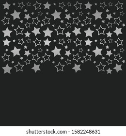 Frame with blank space for text. Border of silver stars. black background. Vector for Christmas and New Year greeting card, banner, invitation, packaging design, illustration pattern