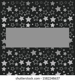 Frame with blank space for text. Border of silver stars. black background. Vector for Christmas and New Year greeting card, banner, invitation, packaging design, illustration pattern