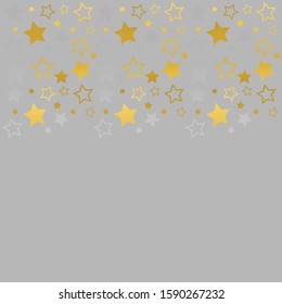 Frame with blank space for text. Border of golden and silver stars. gray background. Vector for Christmas and New Year greeting card, banner, invitation, packaging design, illustration pattern