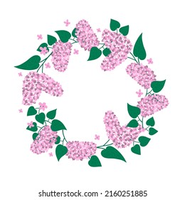 Frame with blooming lilac. Lilac branches with leaves on a light green  background.