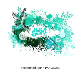 Frame of blots. Grunge Design Element. Hello summer. Alcohol ink is green. Vector illustration