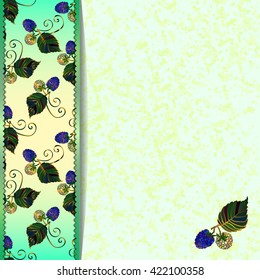 Frame of blue blackberries. Green marble background with blackberries and leaves. For the greeting card, menu, invitation to wedding. Eps 10