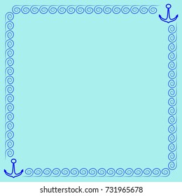 Frame blue. Border from waves and anchors. Decoration sea concept. Color framework isolated on light blue background. Decoration banner rim. Modern art scoreboard. Stock vector illustration