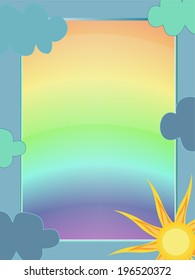 frame with blue clouds, sun and rainbow