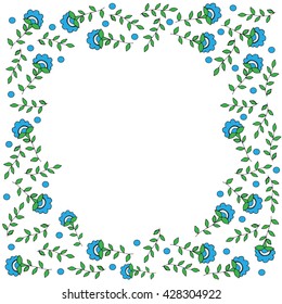 Frame with blue color flower and blue circle. Can be used to design for T-shirt, greeting card, poster, wedding or party  invitation. 