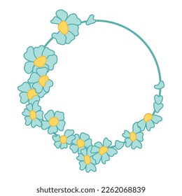 Frame of blue flowers in circle shape, freehand