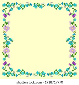 Frame of blue forget-me-nots, hrysanthemums, leaves for embroidery of a pillow, printing on fabric, for interior decoration,for wallpaper, printing cards and wedding invitations on a yellow background