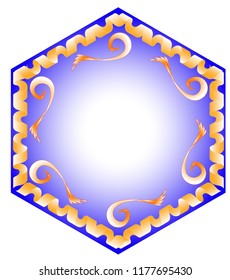 Frame in blue with golden ribbons and tiny oranges in hexagon

