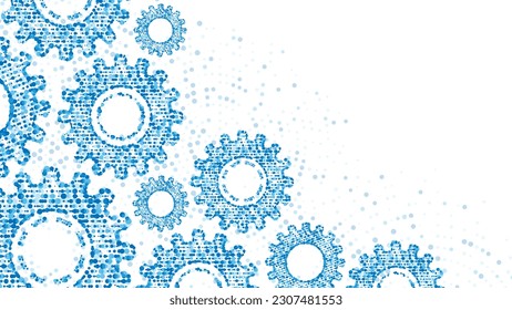 Fondo del vector mecánico azul del marco. Patrón de partículas lineales, círculos, esferas. Textura de los engranajes de los puntos de plexo.  Cartel de presentación, tecnología, medicina, negocios.	