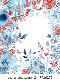 Frame with blue and red flowers. hand drawing. Not AI, Vector illustration