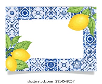 Frame with blue tiles and lemon branches, vector.