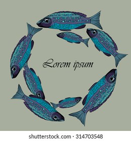 Frame with blue vector fishes. School of fish. Template for print design.Can be used as design for seafood restaurant. 