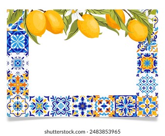 Marco con azulejos azules, blancos y amarillos y ramas de limón con hojas verdes. Estilo mediterráneo tradicional, marcos florales, invitación, fiesta, señales de camino de boda. Ilustración vectorial.