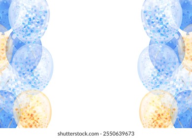 Frame of blue and yellow transparent balloons. Vector template for cards, invitations for birthday, wedding, parties