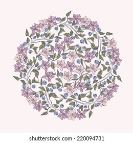 Frame with  blueberries. hand drawn floral background.