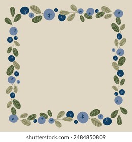 Frame with Blueberry and leaves. Hand drawn elegant plants for invitation, save the date card.