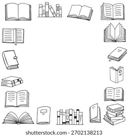 Marco de libros. Ilustración vectorial dibujada a mano.