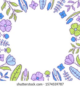 Frame, border with abstract branches, leaves, flowers on white background - Hand drawn floral illustration with space for text - Purple, blue, green elements - Design for card, invitation, website