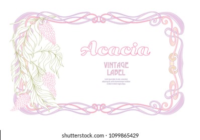 Frame, border in art nouveau style with acacia flowers in soft pink colors. Good for greeting card,  invitation, gift voucher. Label for products or cosmetics.  Stock vector illustration.