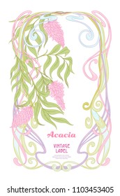 Frame, border in art nouveau style with acacia flowers in soft pink colors. Good for greeting card,  invitation, gift voucher. Label for products or cosmetics. Vintage, old, retro style. Vector.